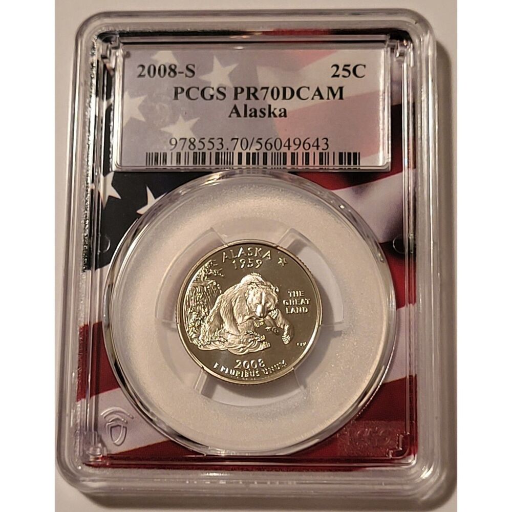 2008 S Clad Alaska State Quarter Proof PR70 DCAM PCGS Flag Frame Holder